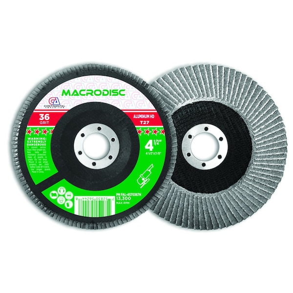 Continental Abrasives 4-1/2" x 7/8" 36 Grit Stearate Coated High Density Flap Disc for Aluminum Grinding FAL-4570367H - main